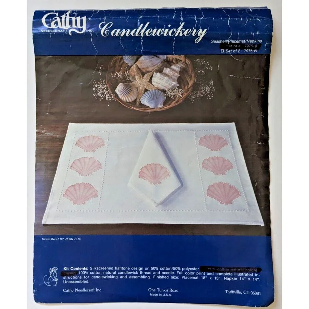 Vintage 1980's‎ Seashell Placemats Napkins Candlewicking Embroidery Kit STARTED
